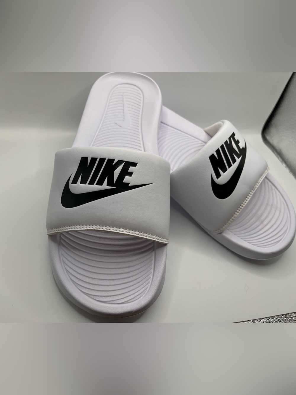 Nike White Slide Sandals with Black Logo US 7 NEW
